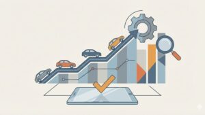 Современная иллюстрация на тему автомобилей с пробегом и юридической проверки, тренды рынка 2026 года.