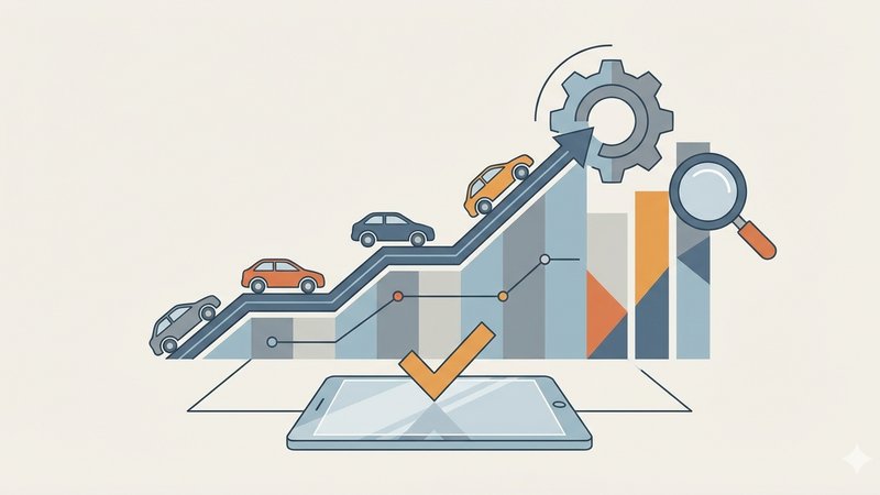 Современная иллюстрация на тему автомобилей с пробегом и юридической проверки, тренды рынка 2026 года.